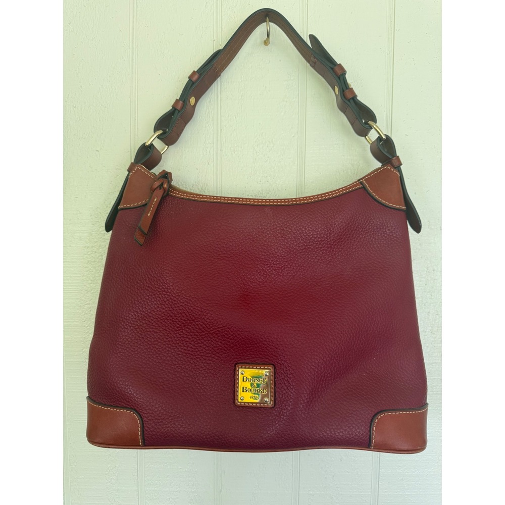 Dooney & Bourke Pebble Grain Leather Hobo Shoulder Bag Burgundy Wine Tan Trim